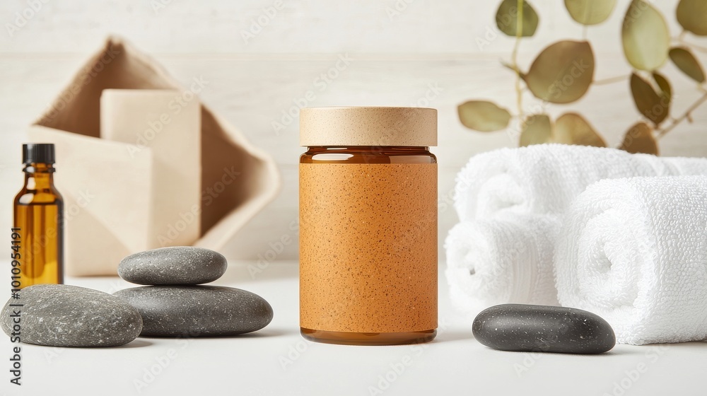 Aesthetic spa setup with essential oils, stones, towels, and amber jar on a light background. Aesthetic spa setup with essential oils, stones, towels, and amber jar on a light background.