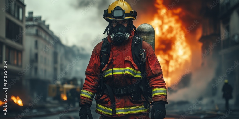 Firefighter Approaching Burning House with Intense Flames and Smoke Firefighter Approaching Burning House with Intense Flames and Smoke