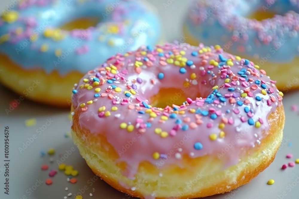 Colorful doughnuts with sprinkles and a glossy glaze on top, on a grey table. Colorful doughnuts with sprinkles and a glossy glaze on top, on a grey table.