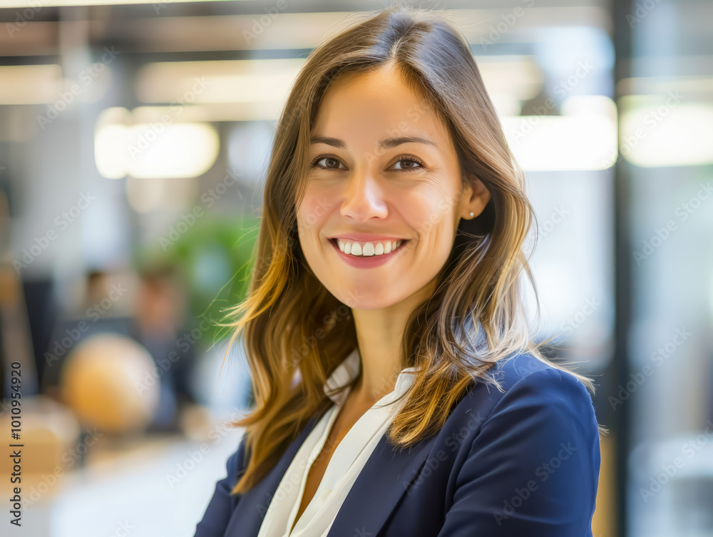 Obraz premium Professional woman smiling confidently in modern office setting during daylight hours