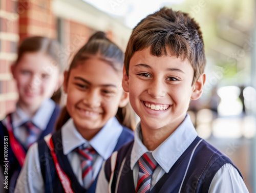 Smiling schoolchildren pose together outside their classroom during a sunny afternoon in a vibrant educational setting