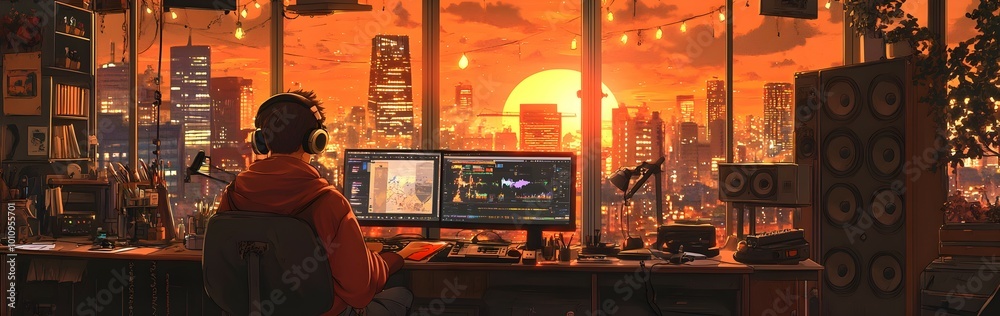 Anime character sitting in front of a window, music studio, sunset sky, Anime character sitting in front of a window, music studio, sunset sky,