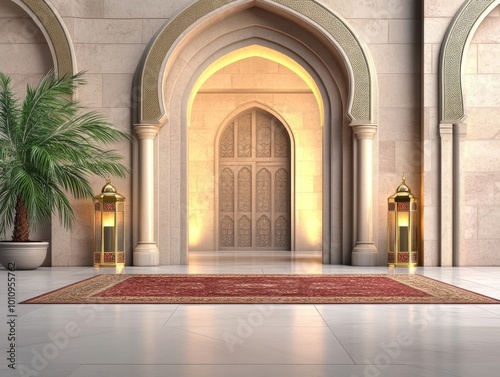 Islamic Ramadan Stage Design with Arabic Carpet Backdrop and Intricate Patterns
