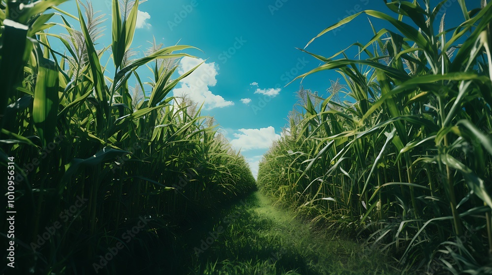 A path through a lush cornfield leads to a bright blue sky. A path through a lush cornfield leads to a bright blue sky.