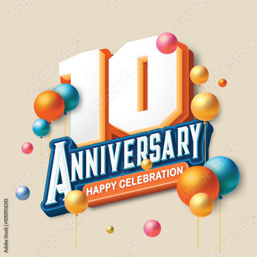 3D-style 10th anniversary celebration featuring orange and blue tones. Colorful balloons float in the air, creating a joyful and memorable atmosphere. Ideal for marking any special occasion.