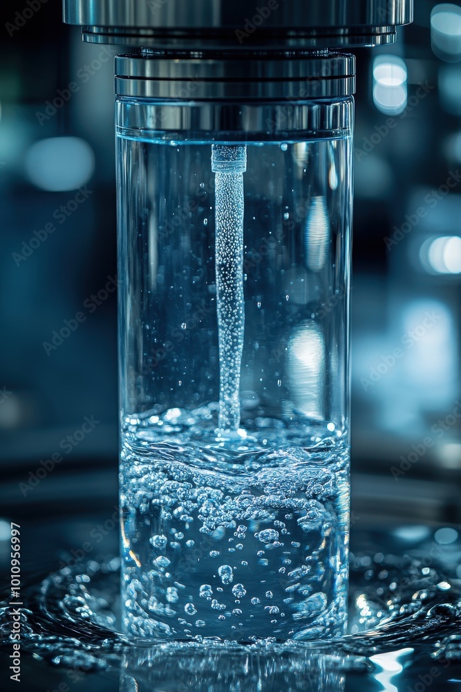Crystal Clear Water Flowing into a Glass Cylinder with Bubbles and Reflections in a Modern Laboratory Setting Crystal Clear Water Flowing into a Glass Cylinder with Bubbles and Reflections in a Modern Laboratory Setting