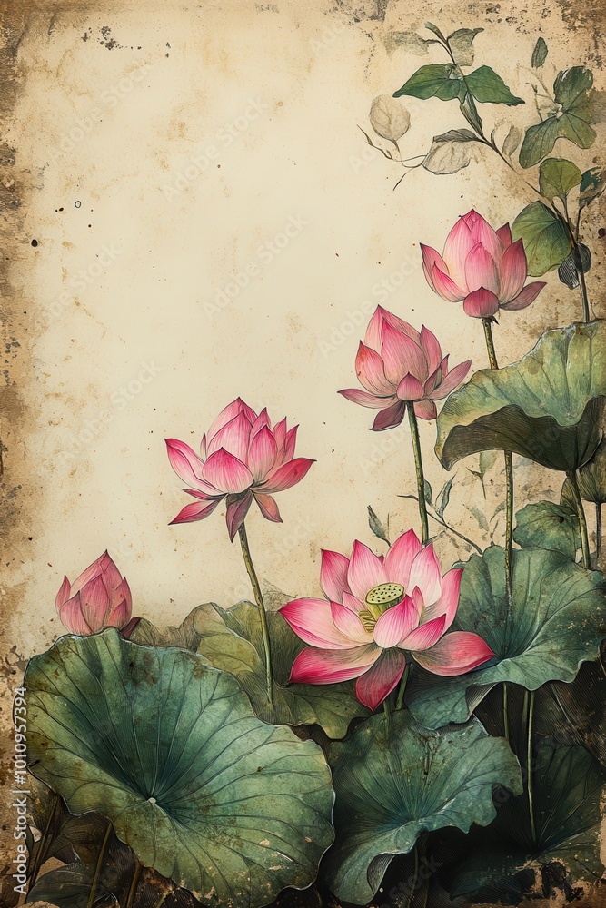 Φωτογραφία Vintage Botanical Illustration of Pink Lotus Flowers with Green Leaves on Textur