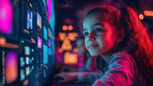 Curious Child Engaged with Interactive Digital Display in Vibrant Neon Environment