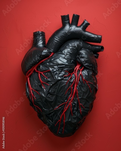 Black heart sculpture with red veins on vibrant red background, symbolises insensitivity to relationships and callousness of human feelings photo