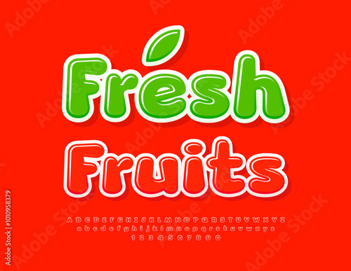 Vector artistic signboard Fresh Fruits. Red Glossy Font. Modern Alphabet Letters and Numbers set.