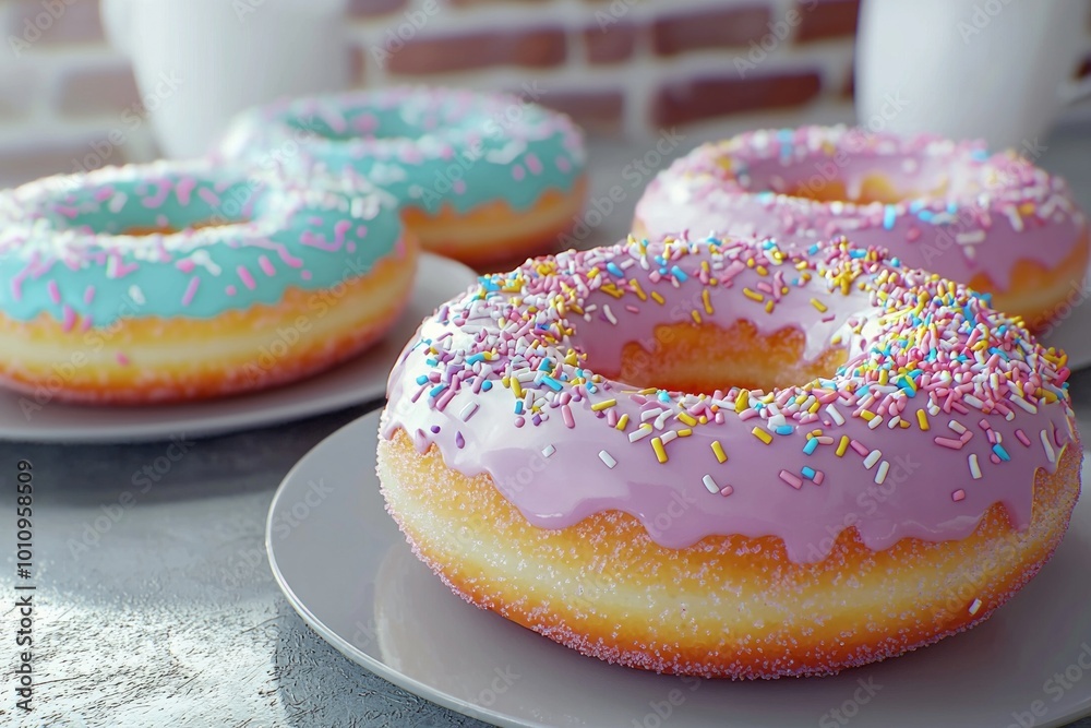 Colorful doughnuts with sprinkles and a glossy glaze on top, on a grey table. Colorful doughnuts with sprinkles and a glossy glaze on top, on a grey table.
