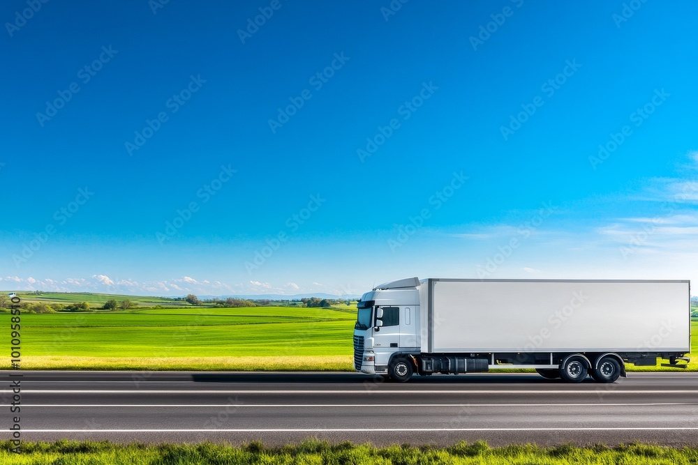 White Cargo Truck on the Road with Space for Text or Graphics White Cargo Truck on the Road with Space for Text or Graphics