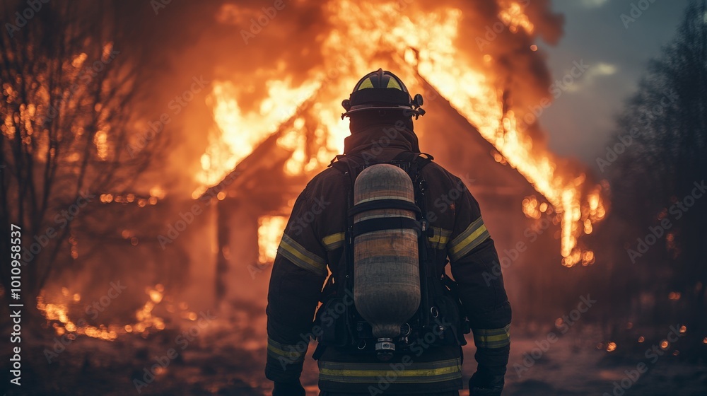 Firefighter Approaching Burning House with Intense Flames and Smoke Firefighter Approaching Burning House with Intense Flames and Smoke