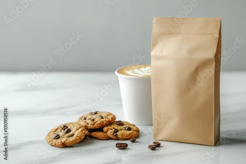 photo of brown paper coffee bag mockup and cookies, cup of coffee on marble table