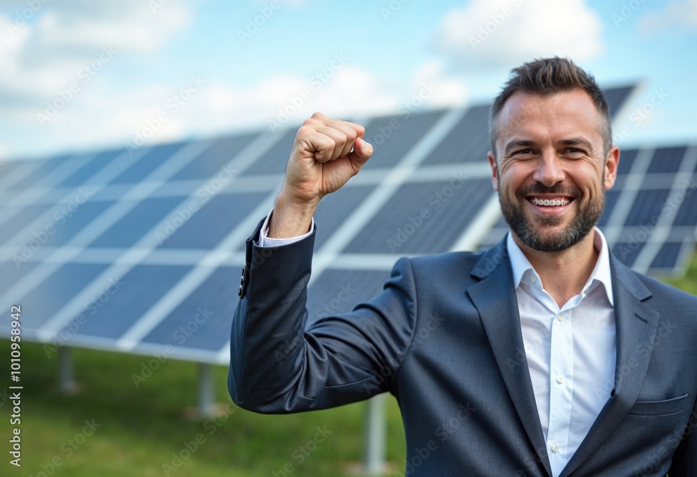 A man in a suit is standing in front of a solar panel field A man in a suit is standing in front of a solar panel field