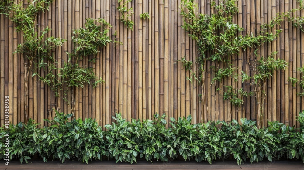 A detailed bamboo wall design with vertical branches, offering a peaceful and natural aesthetic for any outdoor setting. Realistic, very detailed A detailed bamboo wall design with vertical branches, offering a peaceful and natural aesthetic for any outdoor setting. Realistic, very detailed
