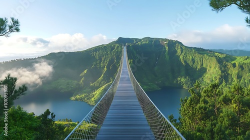 A wooden suspension bridge crosses over a lake and green forest with a similar mountain backdrop. photo