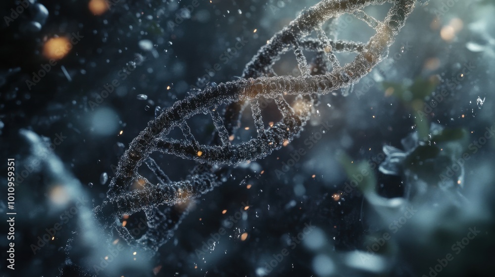 A detailed close-up of a DNA strand under a microscope, with technology and science converging in the world of biotechnology. Realistic, very detailed A detailed close-up of a DNA strand under a microscope, with technology and science converging in the world of biotechnology. Realistic, very detailed