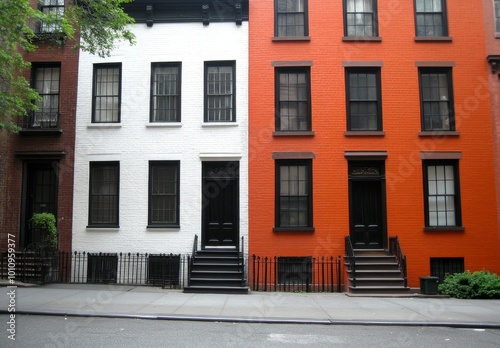 Street-Level View of Three Buildings: White with Black Windows, Red Brick with Dark Trim, and Orange House with Black Window Frames