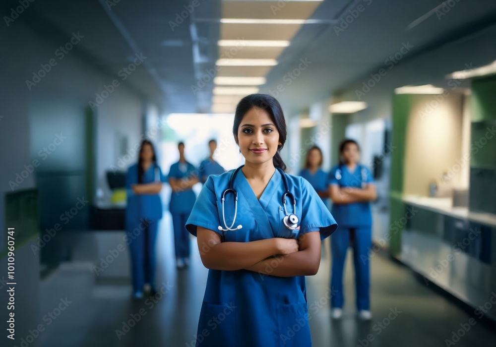 Φωτογραφία A young woman wearing a blue medical scrubs smiles and looks directly at the camera in a hospital hallway