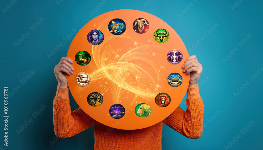 Φωτογραφία Photo with illustration of zodiac signs on mockup hold by a woman, graphic astro