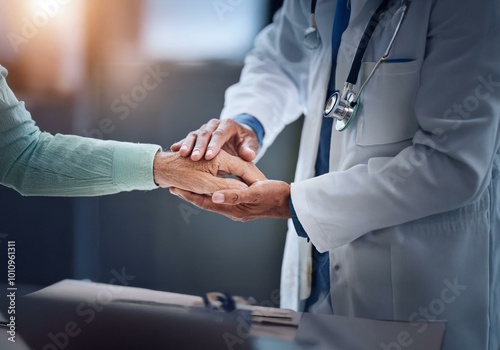 A doctor gently holds the hand of a patient, offering comfort and reassurance.