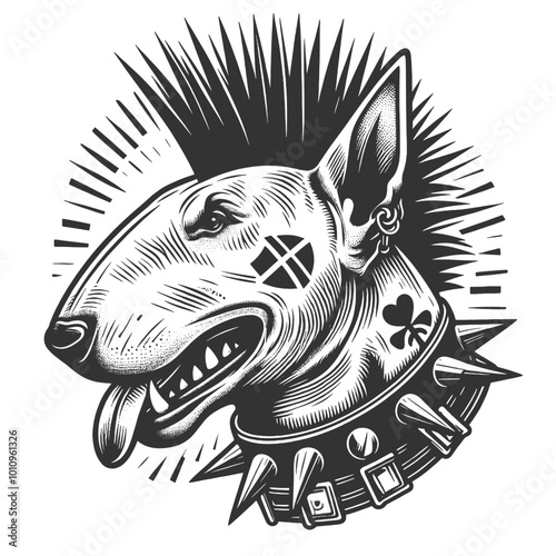 bull terrier dog punk. Mohawk hairstyle, wearing a leather jacket and spiked collar in vintage style sketch engraving generative ai vector illustration. Scratch board imitation. Black and white image.