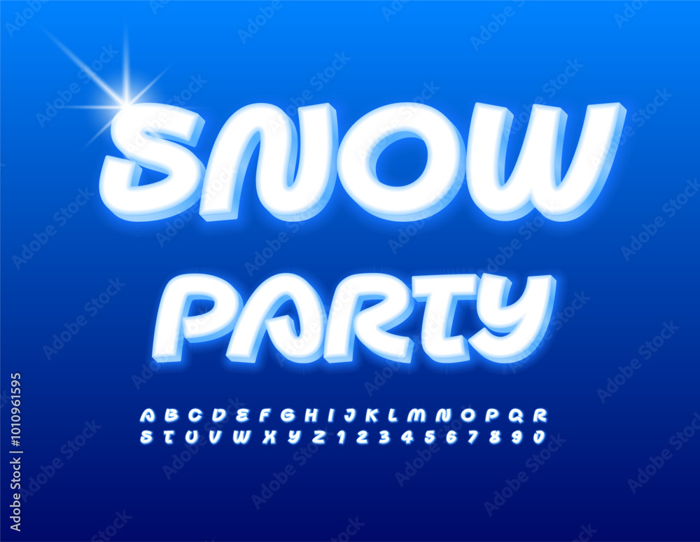 Vector funny flyer Snow Party. Snow White 3D Font. Modern Unique Alphabet Letters and Numbers set. Vector funny flyer Snow Party. Snow White 3D Font. Modern Unique Alphabet Letters and Numbers set.