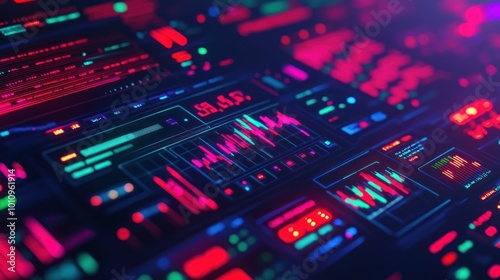 A vibrant digital interface displaying data visualizations and metrics in neon colors.