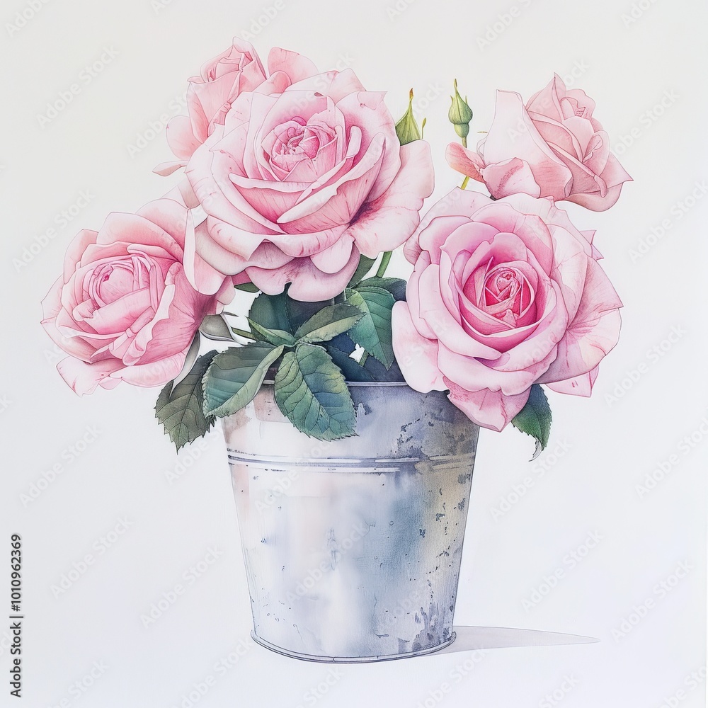 Soft pink roses bloom gracefully in a rustic metal bucket, capturing the essence of nature's elegance. This watercolor painting highlights the delicate details of each petal Soft pink roses bloom gracefully in a rustic metal bucket, capturing the essence of nature's elegance. This watercolor painting highlights the delicate details of each petal
