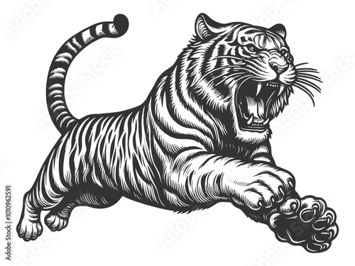 fierce leaping tiger tattoo design with an open mouth, drawn in an engraving style sketch engraving generative ai vector illustration. Scratch board imitation. Black and white image.
