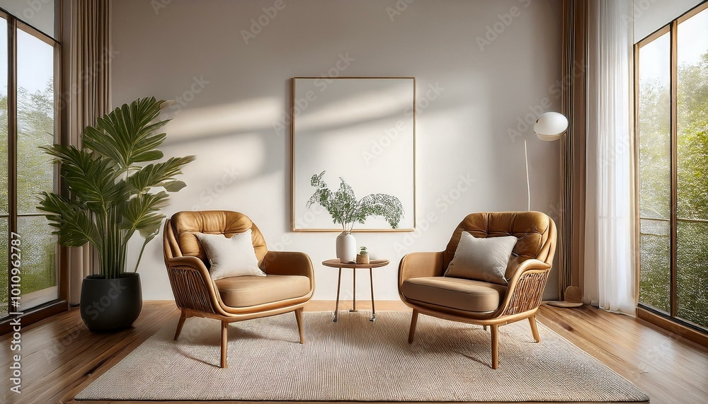 Fototapeta premium Home living room interior with armchairs and decoration, window. Mockup wall