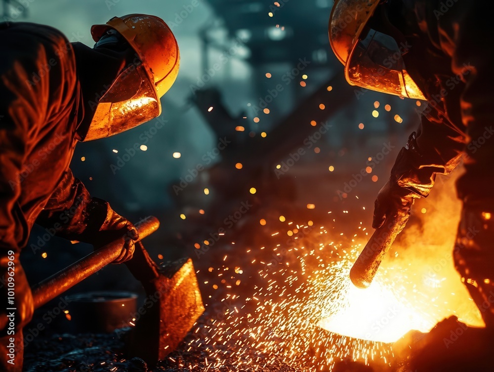 Fototapeta premium Workers wearing protective gear pouring molten steel into molds in a heavy industry foundry, steel production process
