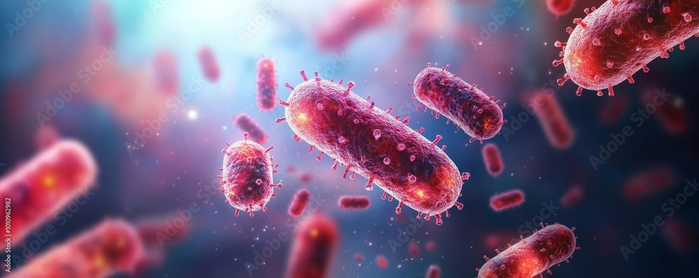 Bacterial colony in space, prokaryote survival in zero gravity, 3D illustration Bacterial colony in space, prokaryote survival in zero gravity, 3D illustration