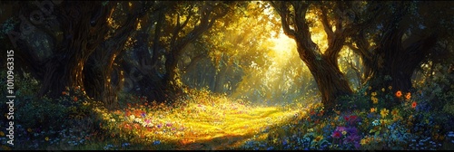 A path through a sunlit forest with a field of colorful wildflowers.