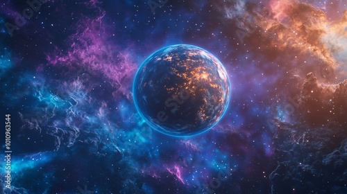 A vibrant planet orbits a star  surrounded by colorful nebulae  mountains  and shimmering oceans.