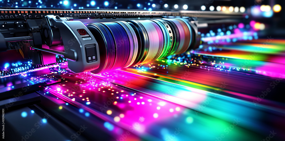 Φωτογραφία Colorful digital printing machine with vibrant light trails, close-up shot
