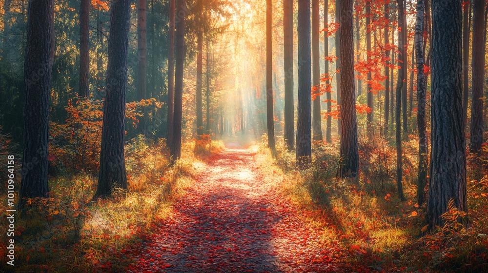 A path through an autumn forest with golden light shining through the trees. A path through an autumn forest with golden light shining through the trees.