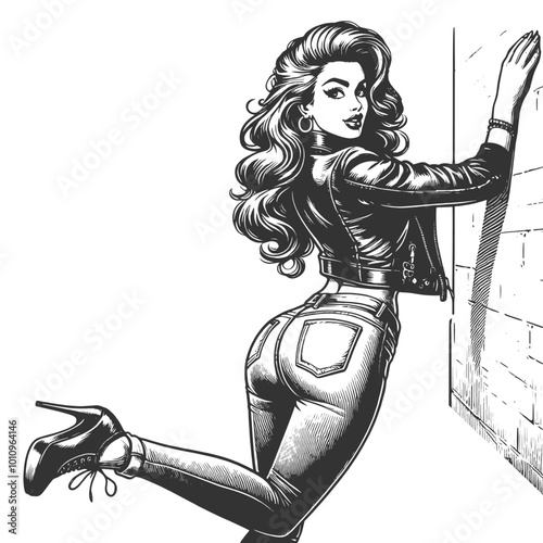 woman in a leather jacket and tight leather pants, leaning against a wall, sketch engraving generative ai fictional character vector illustration. Scratch board imitation. Black and white image.