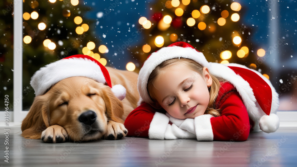 Golden Retriever, a girl's favorite pet, cuteness at Christmas Golden Retriever, a girl's favorite pet, cuteness at Christmas