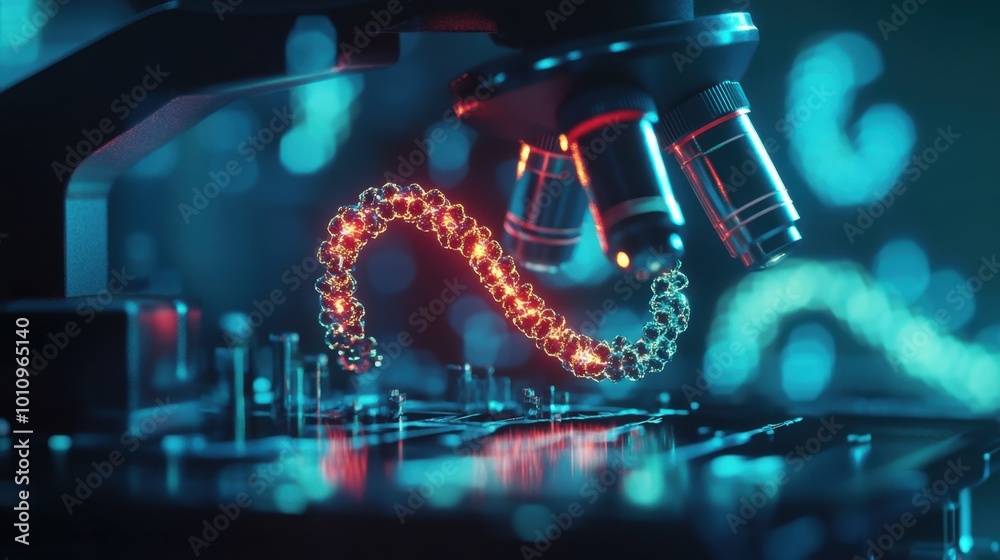 A glowing 3D DNA strand under a microscope, representing breakthroughs in biotechnology and genetic engineering. Realistic, highly detailed A glowing 3D DNA strand under a microscope, representing breakthroughs in biotechnology and genetic engineering. Realistic, highly detailed