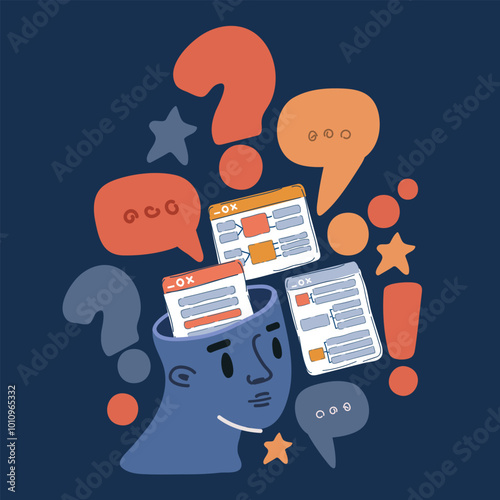 Cartoon vector illustration of code pages within a person's mind, symbolizing problem-solving and the quest for optimal solutions