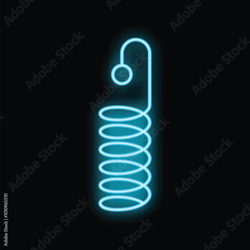 Blue neon sign showing a flexible metal spring on a black background
