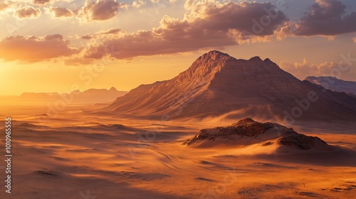 Sahara Desert at sunrise: golden rays illuminate hills, vibrant skies, and thrilling off-road exploration.