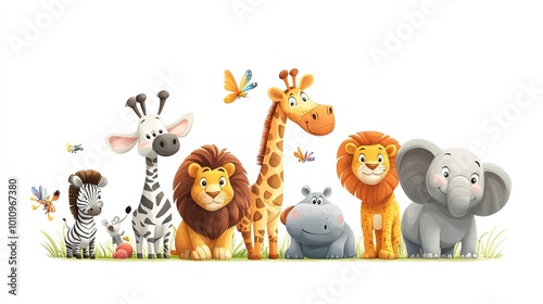 Fototapeta Naklejka Na Ścianę i Meble -  Set of cute African animals in cartoon style, including lions, elephants, and giraffes, isolated on white