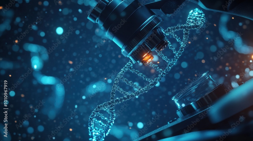 A high-tech microscope focusing on a DNA molecule, symbolizing advancements in biotechnology and genetic science. Realistic, highly detailed A high-tech microscope focusing on a DNA molecule, symbolizing advancements in biotechnology and genetic science. Realistic, highly detailed