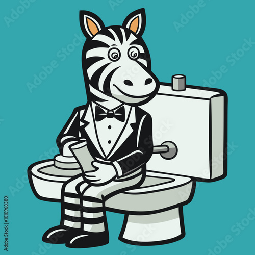 Sophisticated Zebra on the Throne: A dapper zebra in a tuxedo sits comfortably on a toilet, holding a rolled-up document, against a teal backdrop.  A whimsical and humorous illustration.