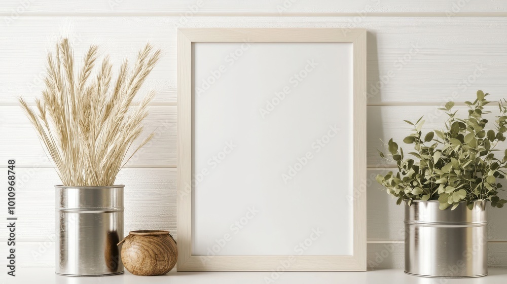 Fototapeta premium Blank frame with dried plants in modern decor, white background.