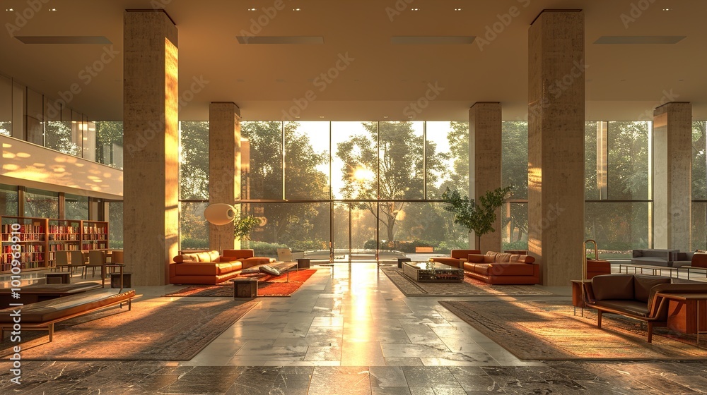 Modern Lobby Interior with Sunlight Streaming Through Large Windows Modern Lobby Interior with Sunlight Streaming Through Large Windows