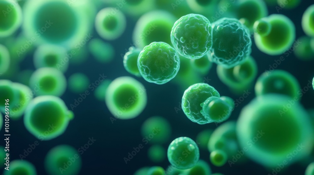 Cyanobacteria under sunlight, oxygen production, 3D rendering
